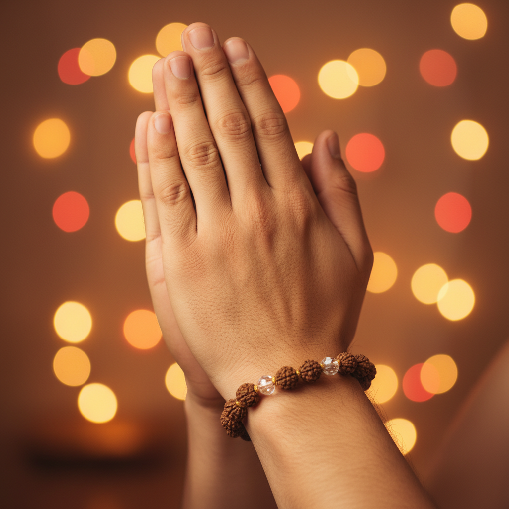 Rudraksha Crystal Bracelet worn on wrist in prayer position