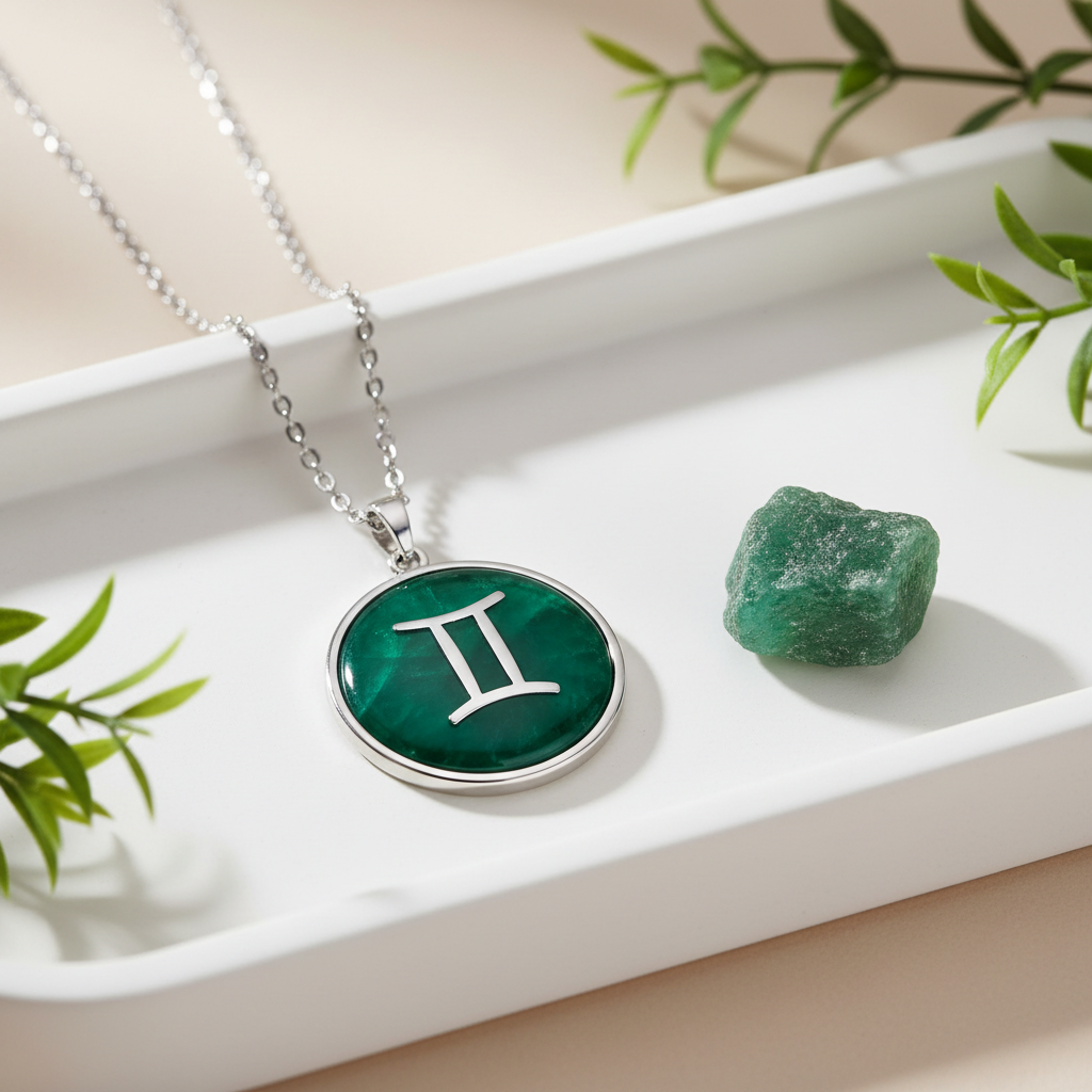 Gemini zodiac pendant with green aventurine on white ceramic tray with raw stone and botanicals