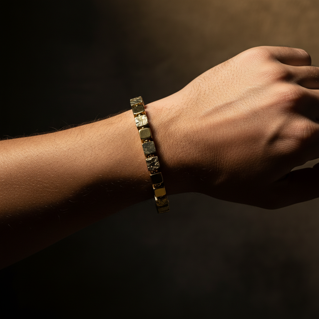 Golden Pyrite Cube Bracelet worn on wrist