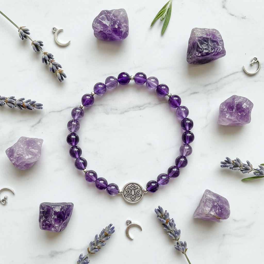 Natural Amethyst Bracelet flat lay with crystals and lavender flowers