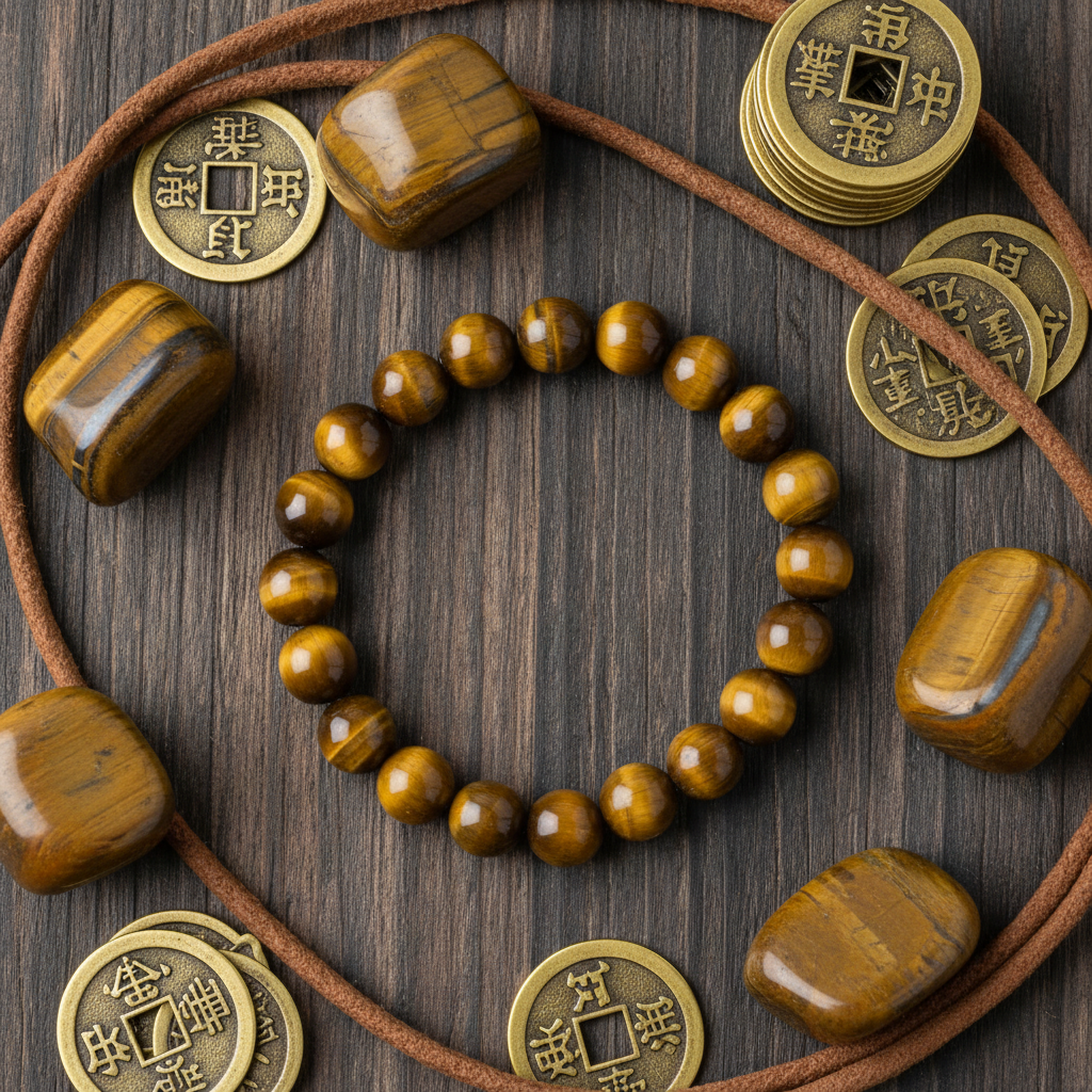 Natural Yellow Tiger Eye Bracelet flat lay with crystals and gold coins