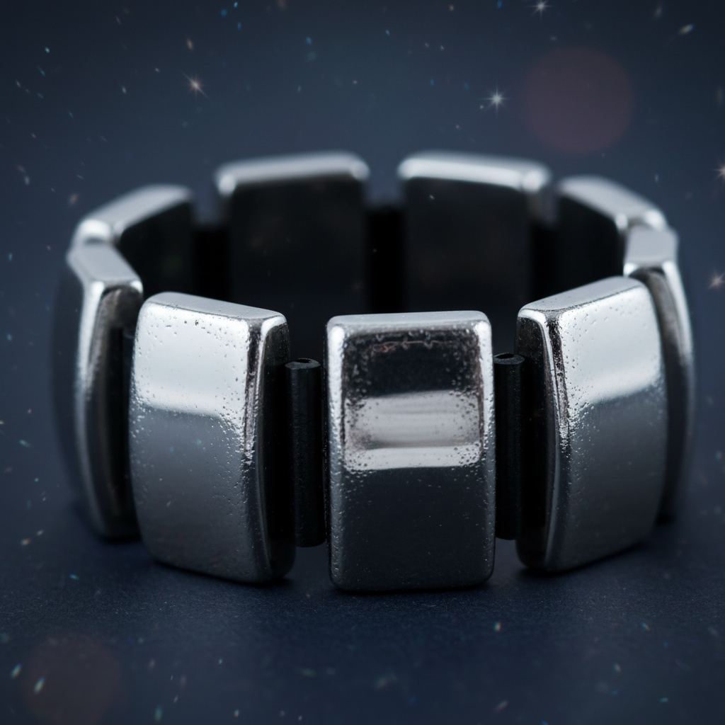 Chunky Rectangular Hematite Bracelet close-up showing bold metallic silver-grey rectangular beads