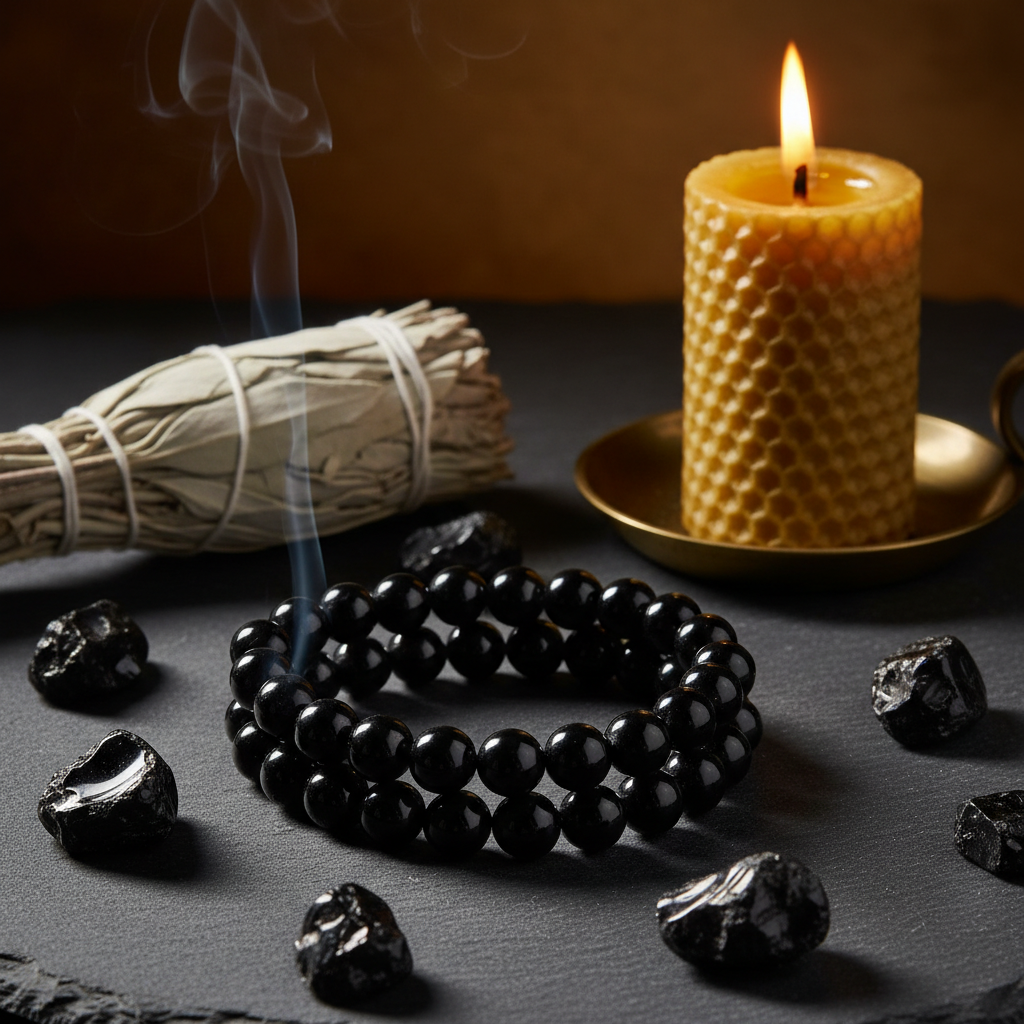 Natural Black Obsidian Bracelet on dark slate with obsidian stones and candlelight
