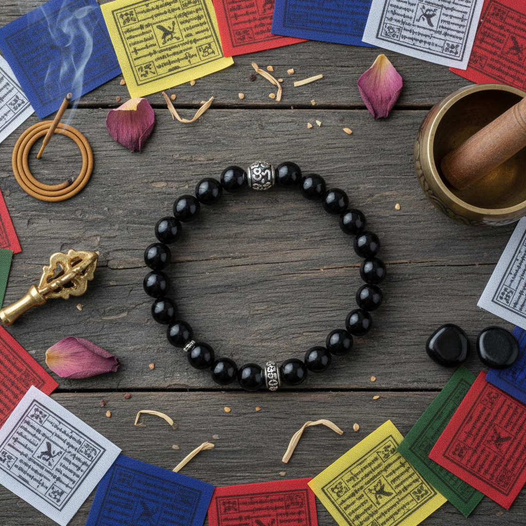 Natural OM Mani Padme Hum Black Onyx Bracelet flat lay with Tibetan prayer flags and sacred elements