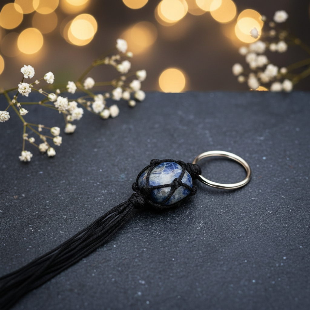 Sodalite Keychain on navy blue stone surface