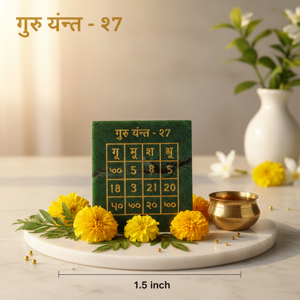 Guru Yantra on white marble tray with yellow flowers