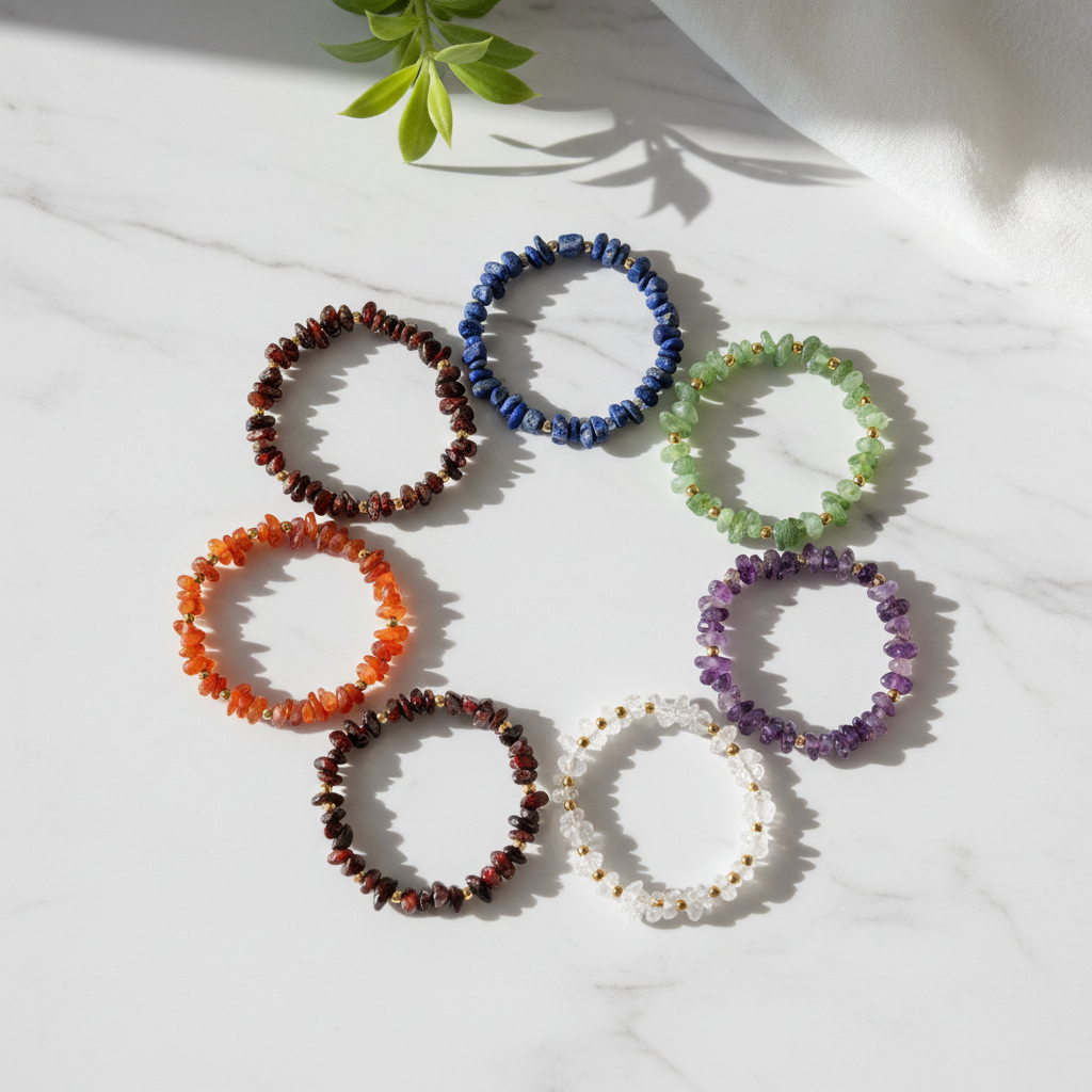 7 Chakra Crystal Chip Bracelets collection on white marble