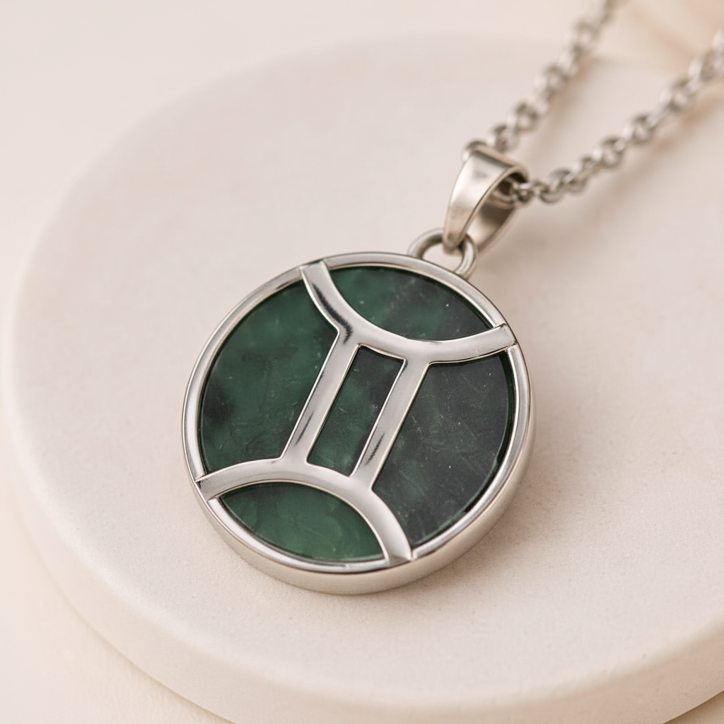 Close-up of Gemini zodiac pendant showing green aventurine stone detail in silver frame