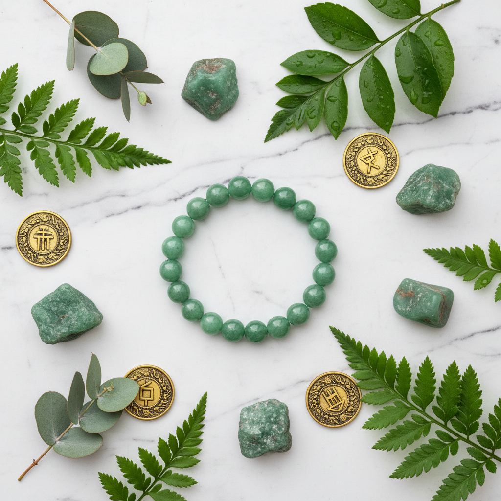 Natural Green Aventurine Bracelet flat lay with crystals and gold coins