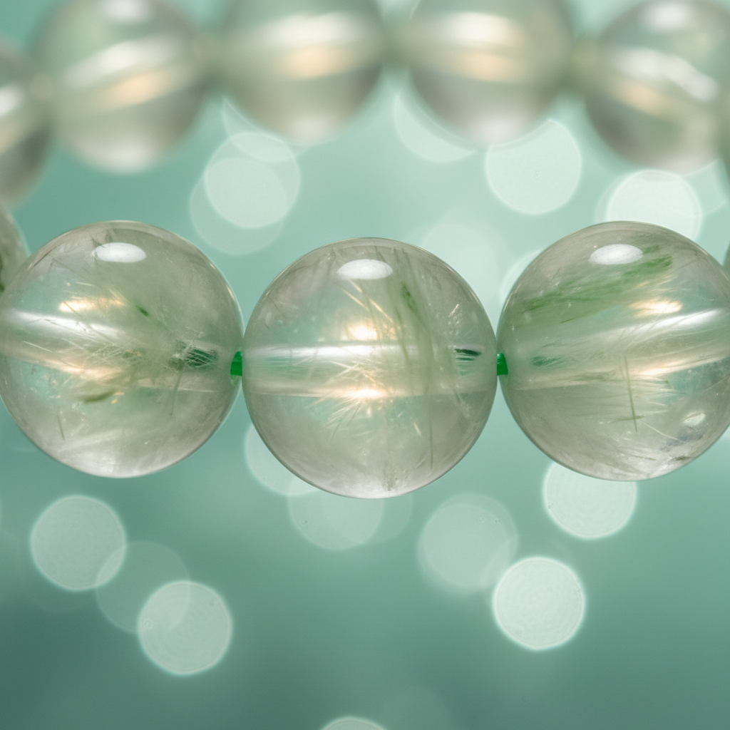Natural Prehnite Bracelet bead close-up showing soft translucent pale green glow