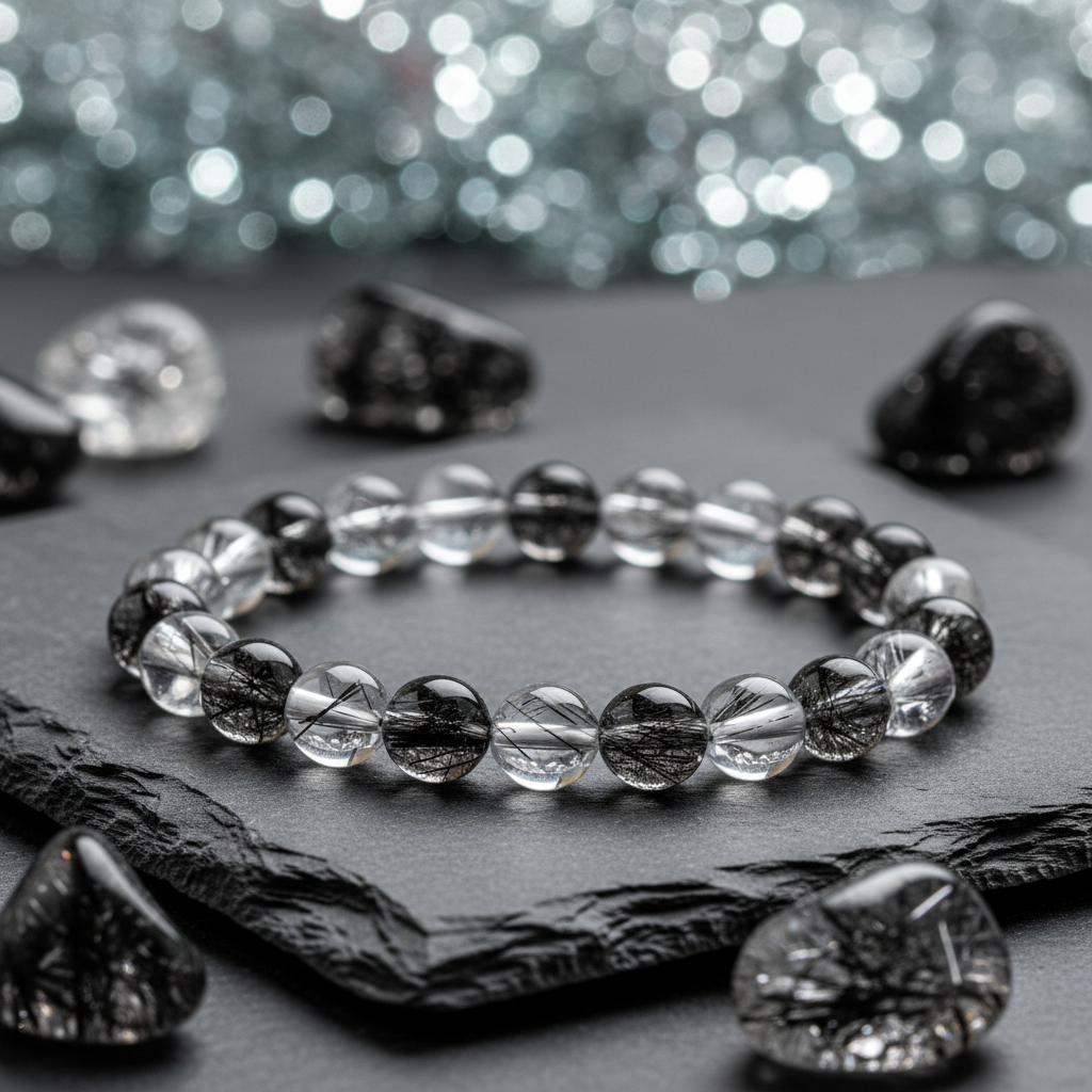 Natural Black Rutile Quartz Bracelet on dark slate with rutile quartz stones and silver light