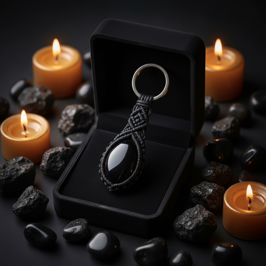 Black Obsidian Keychain in premium gift box with candlelight