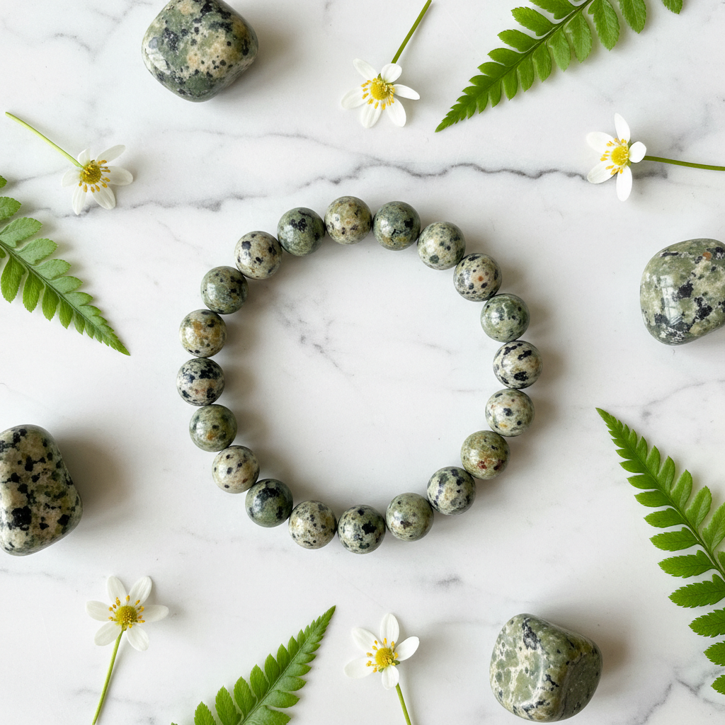 Natural Kiwi Jasper Bracelet flat lay with jasper stones and white flowers