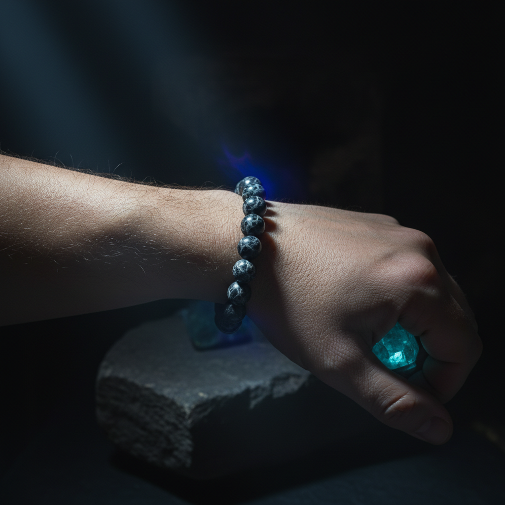 Natural Black Web Jasper Bracelet worn on wrist