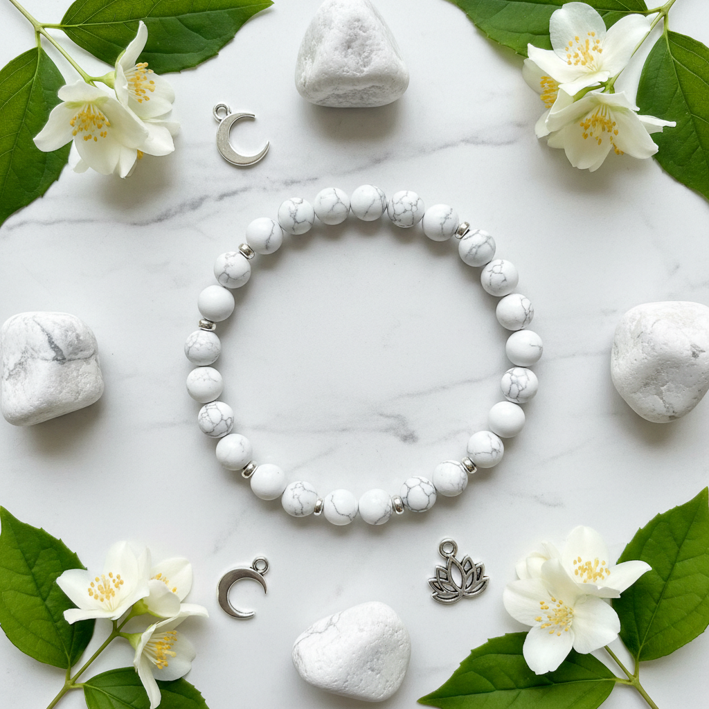 Natural White Howlite Bracelet flat lay with crystals and jasmine flowers