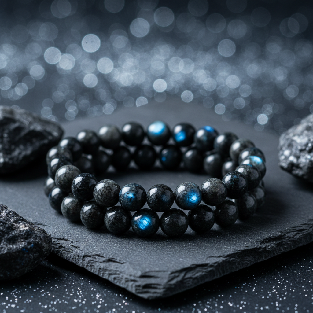 Natural Larvikite Bracelet on dark slate with larvikite stones and silver-blue light