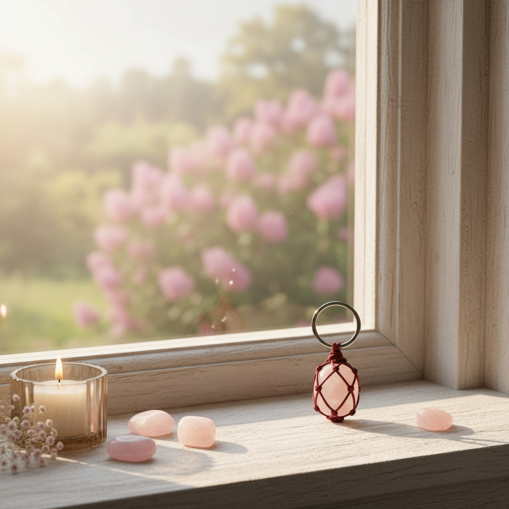 Rose Quartz Keychain on windowsill in morning light