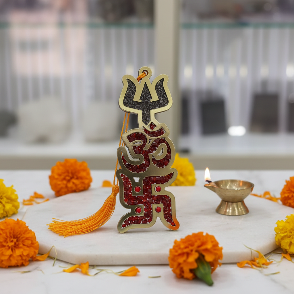 Trishul Om Swastik gold metal wall hanging with red crystal chips on marble with diya