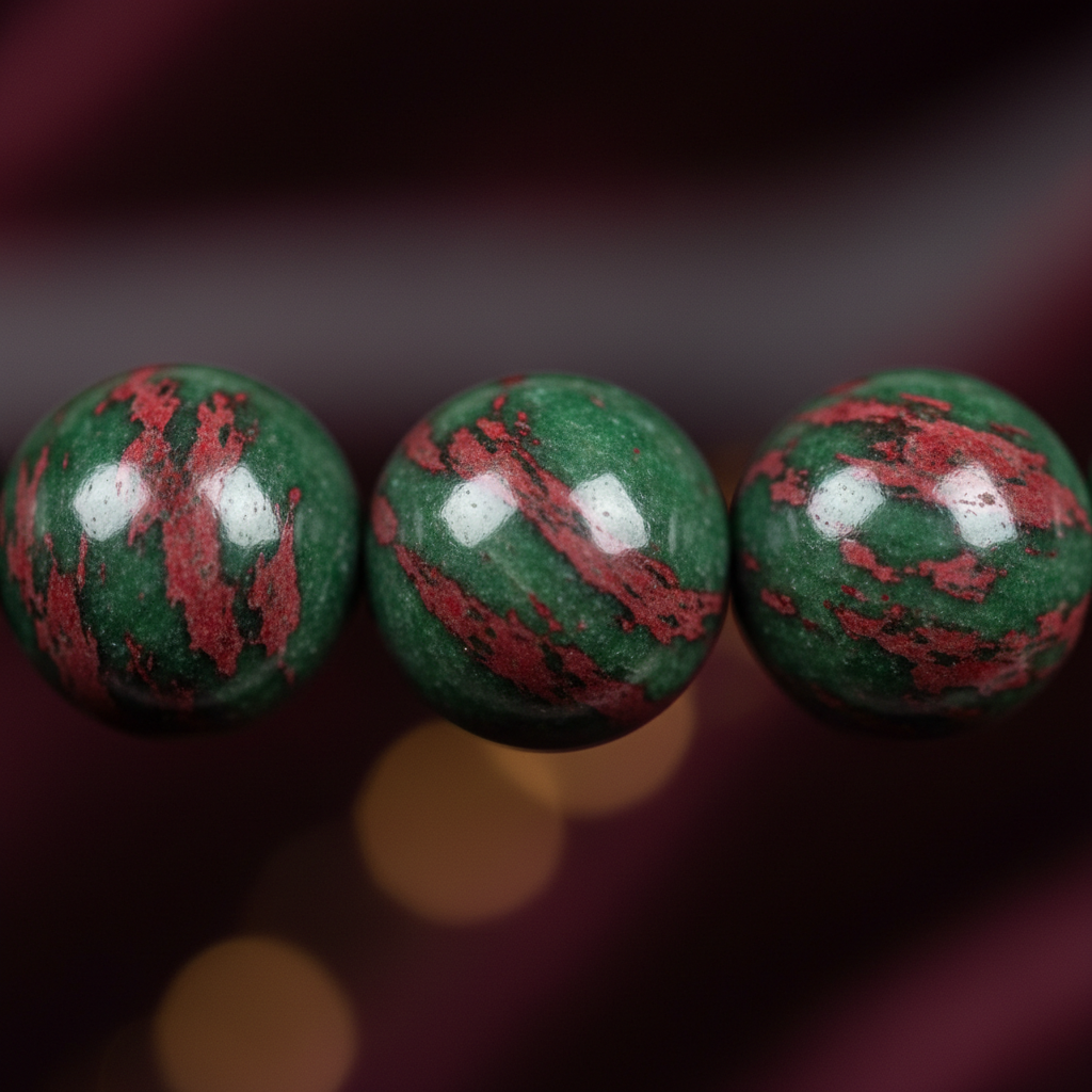 Natural Dragon Bloodstone Bracelet bead close-up showing deep green with vivid red spot inclusions