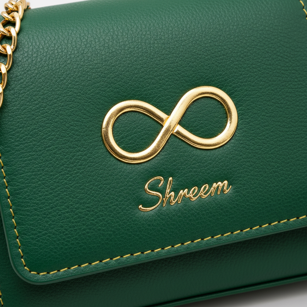 Close up of Infinite Luck Shreem gold embossing and infinity logo on green leather