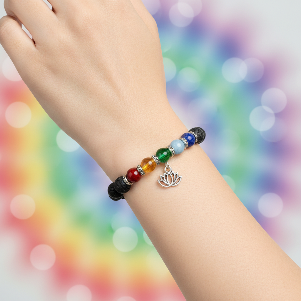 7 Chakra Lava Bracelet worn on wrist