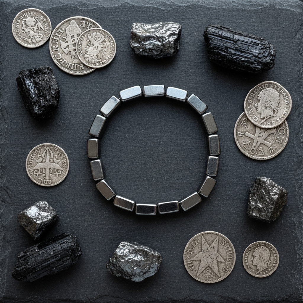 Chunky Rectangular Hematite Bracelet flat lay with hematite stones