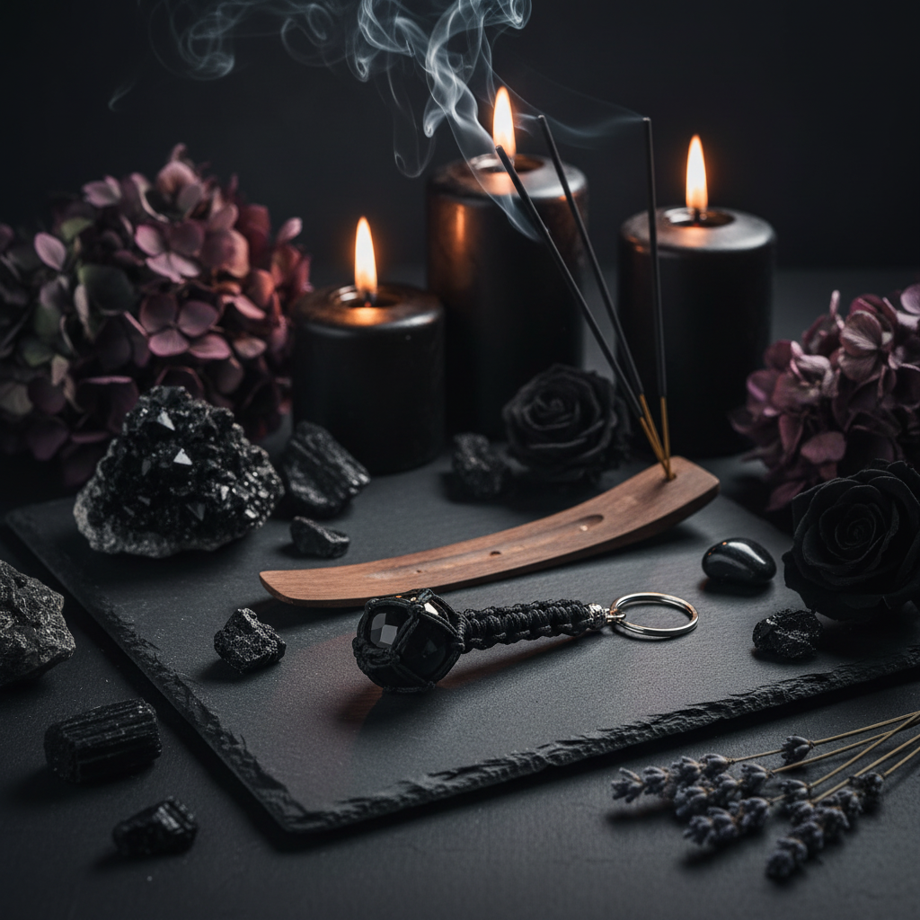 Black Obsidian Keychain on meditation altar