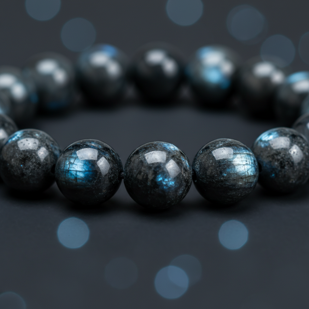 Natural Larvikite Bracelet bead close-up showing blue-silver schiller flash effect