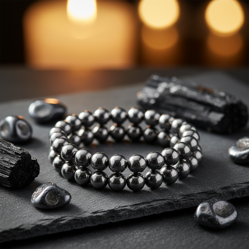 Natural Hematite Bracelet on dark slate with hematite stones and candlelight