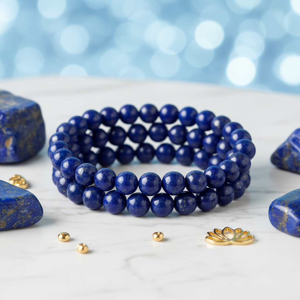 Natural Lapis Lazuli Bracelet on white marble with lapis stones and gold accents