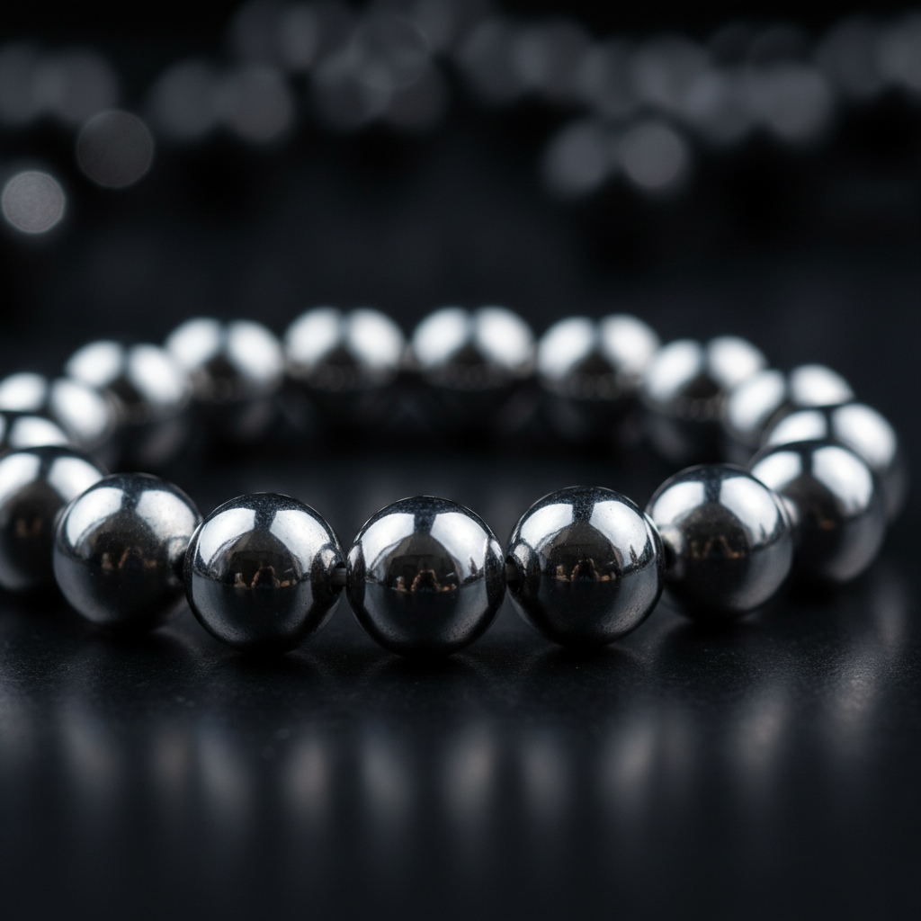 Natural Hematite Bracelet bead close-up showing metallic silver-grey polished surface