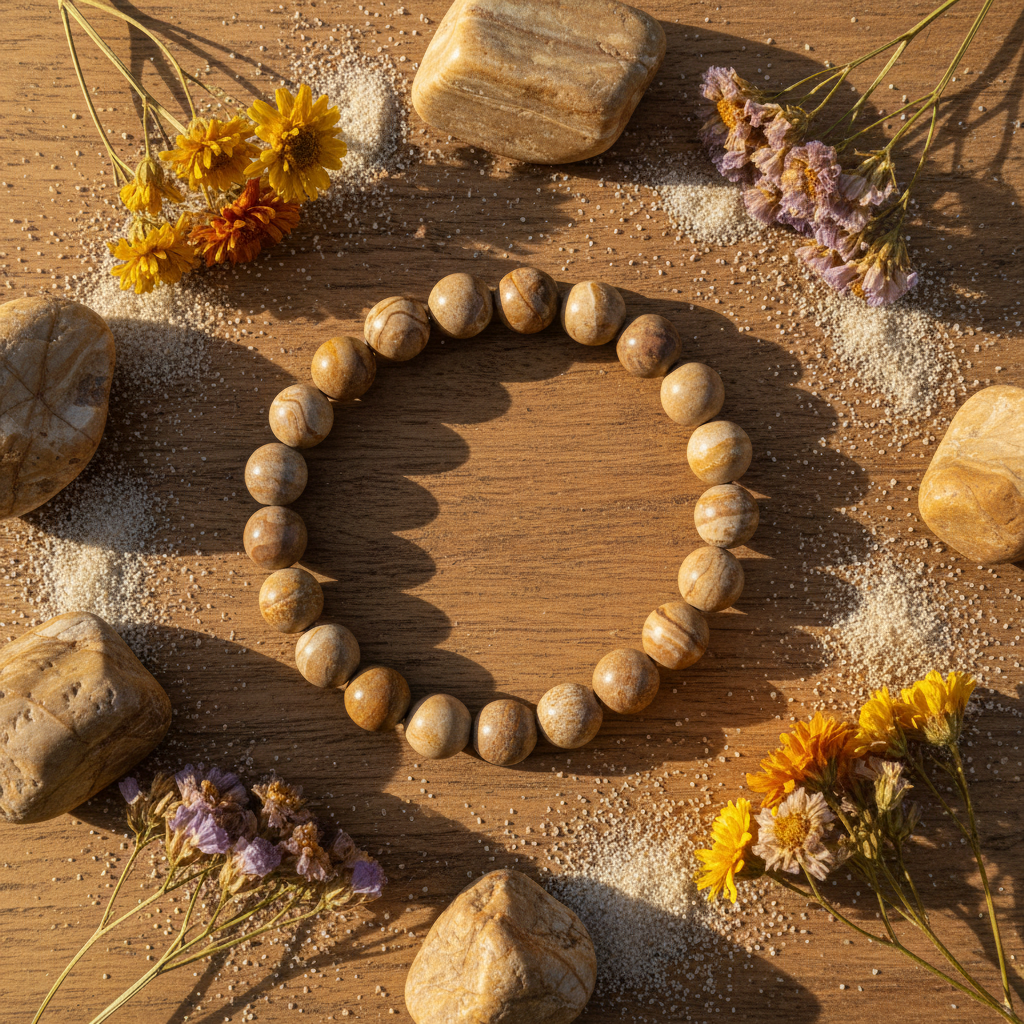 Natural Camel Jasper Bracelet flat lay with jasper stones and desert flowers