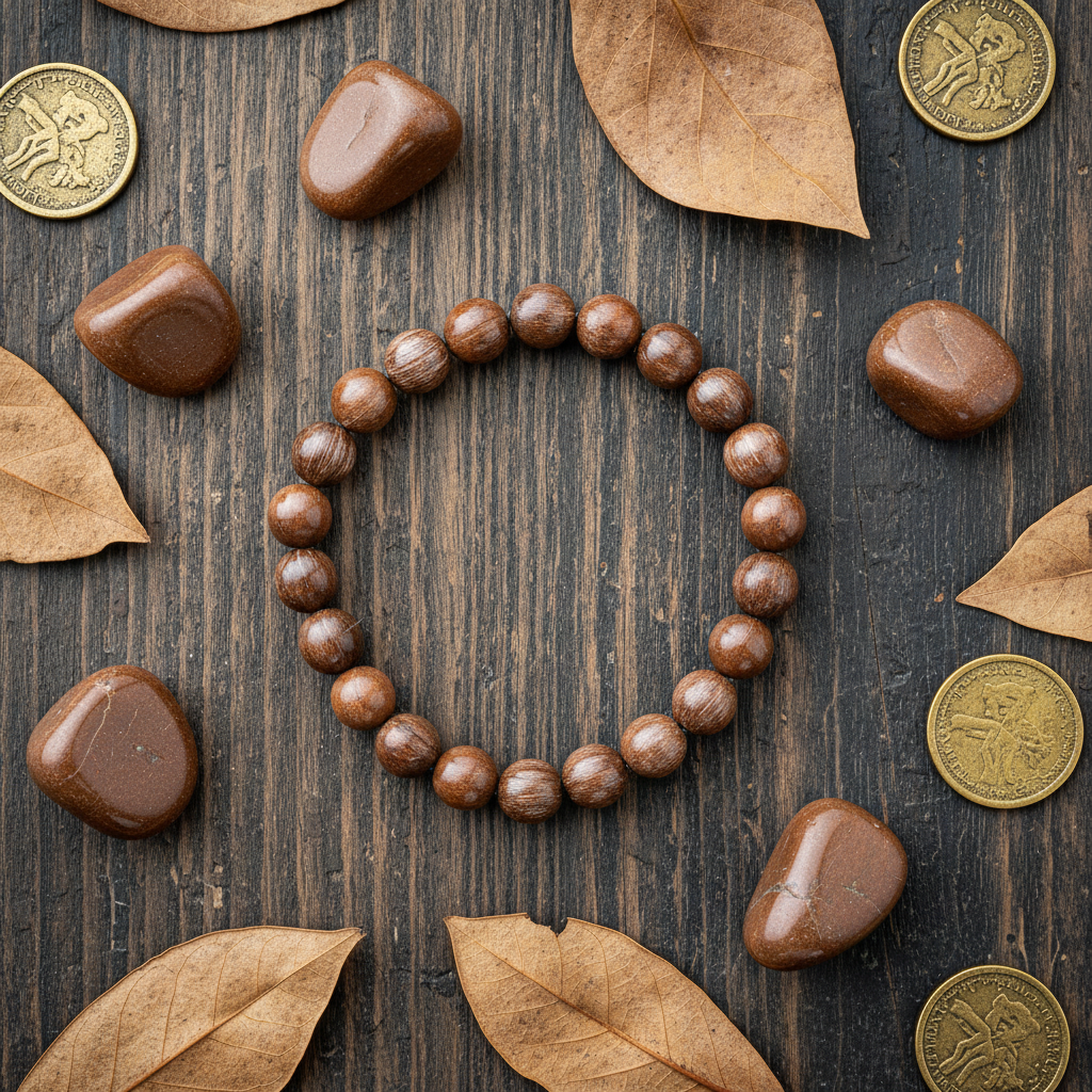 Natural Bronzite Bracelet flat lay with bronzite stones and gold coins