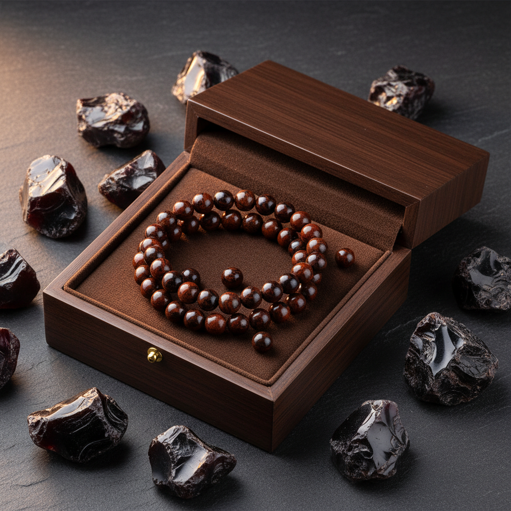 Natural Mahogany Obsidian Bracelet in premium gift box with brown velvet