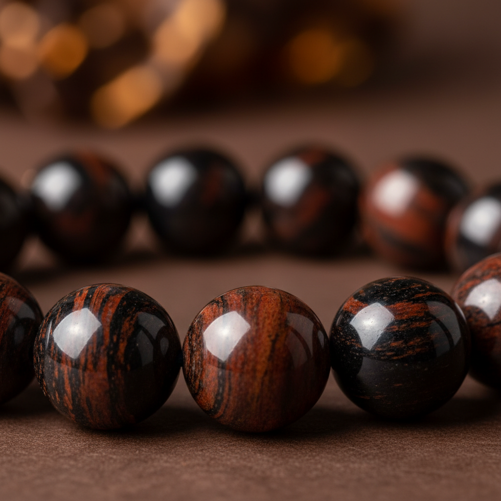 Natural Mahogany Obsidian Bracelet bead close-up showing black and mahogany red-brown patterns