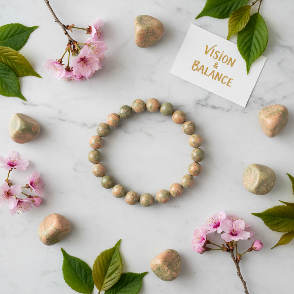 Natural Unakite Bracelet flat lay with unakite stones and pink flowers