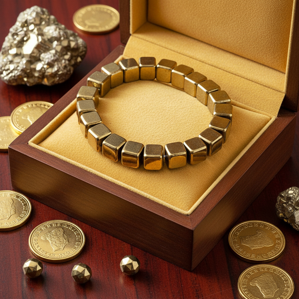 Golden Pyrite Cube Bracelet in premium gift box with golden velvet