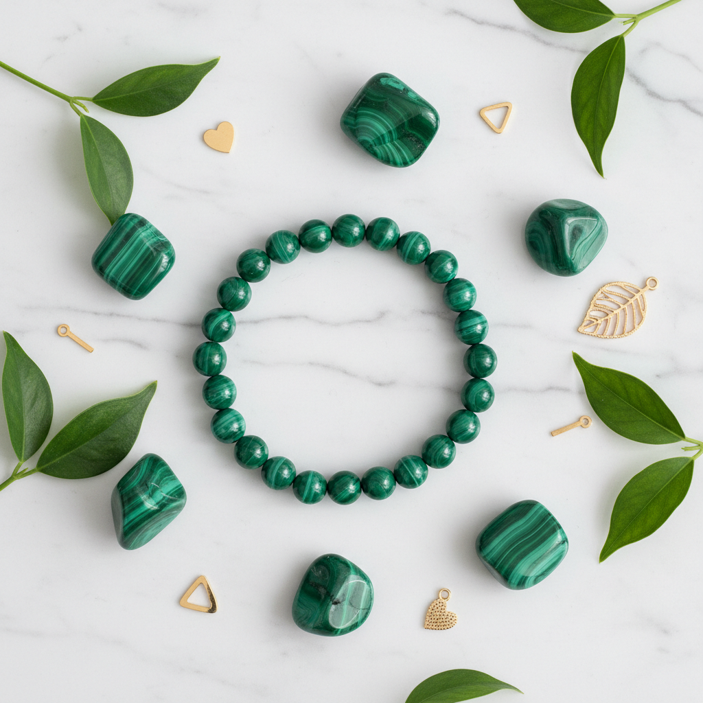 Natural Malachite Bracelet flat lay with crystals and gold accents