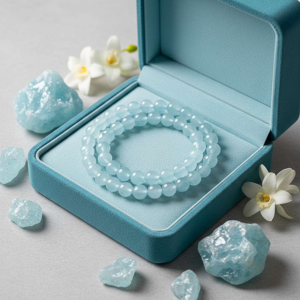 Natural Aquamarine Bracelet in premium gift box with ocean blue velvet