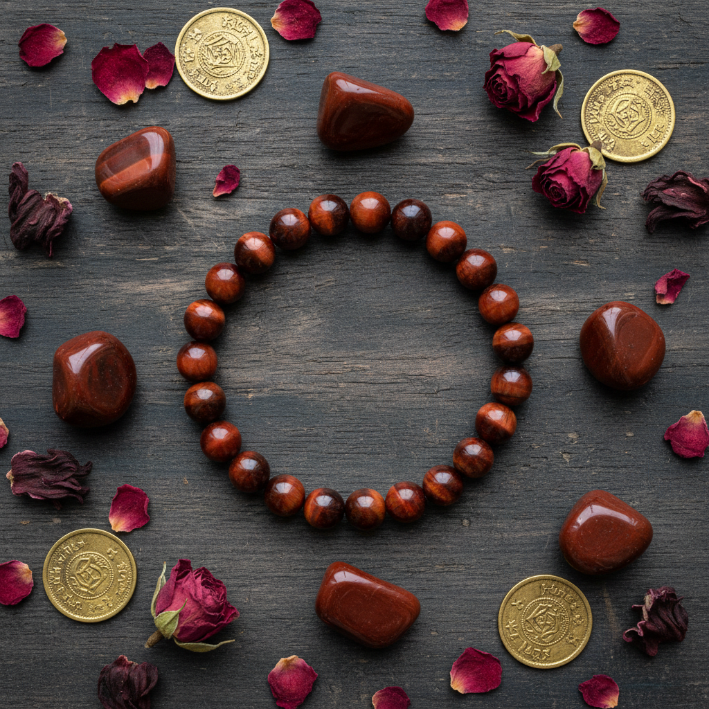 Natural Red Tiger Eye Bracelet flat lay with red crystals and gold coins