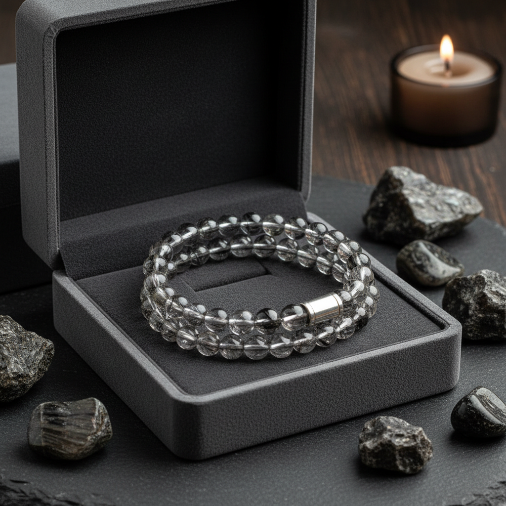 Natural Black Rutile Quartz Bracelet in premium gift box with dark grey velvet
