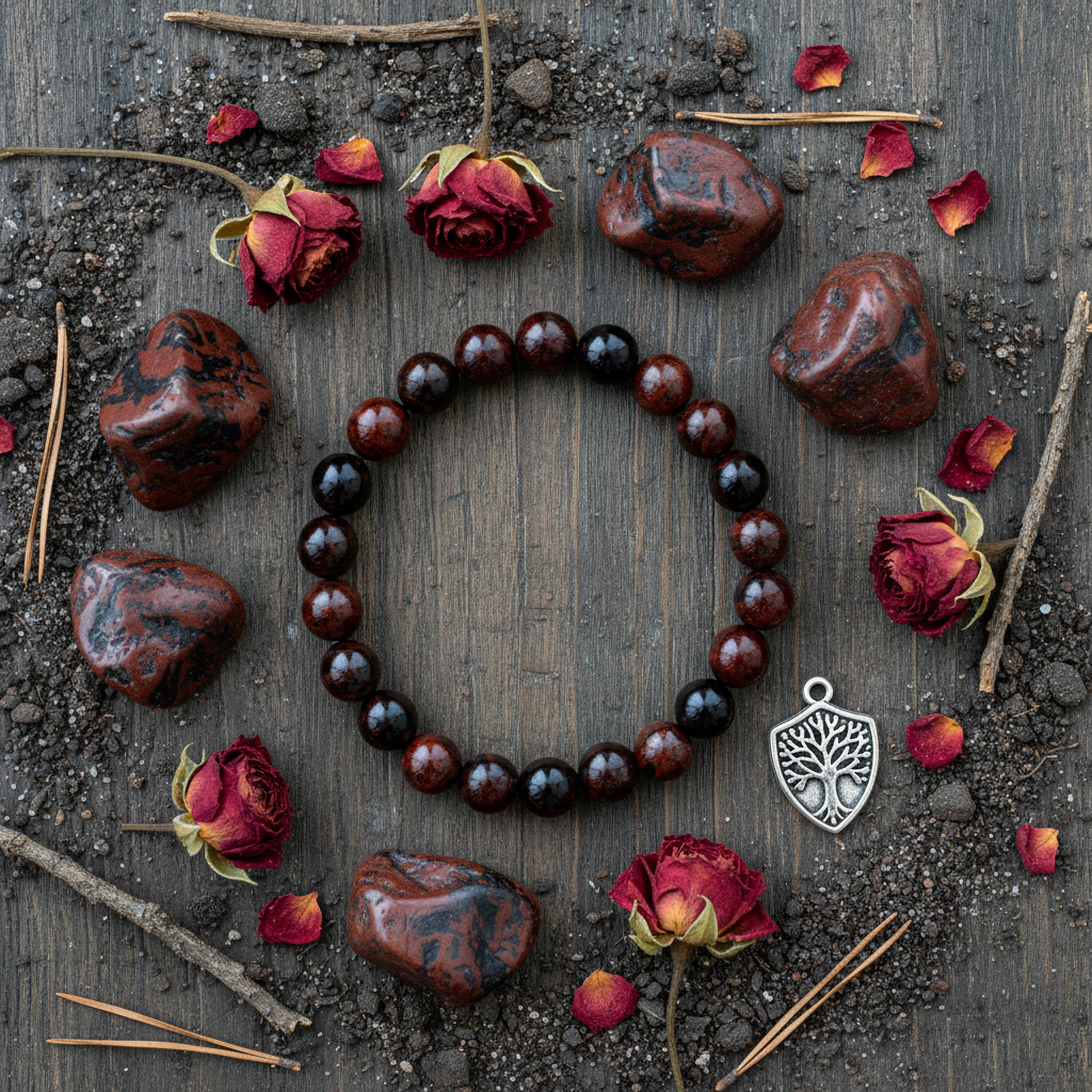 Natural Mahogany Obsidian Bracelet flat lay with obsidian stones and earthy elements