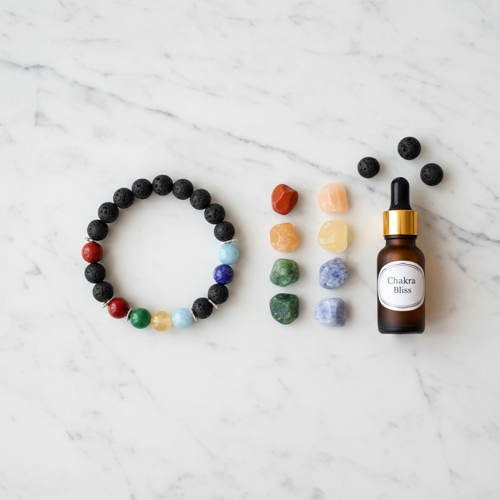 7 Chakra Lava Bracelet flat lay with seven crystal stones and essential oil