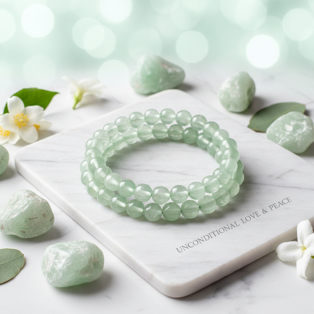 Natural Prehnite Bracelet on white marble with prehnite stones and white flowers