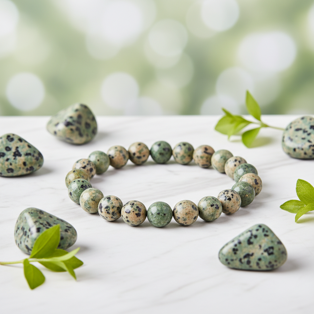Natural Kiwi Jasper Bracelet on white marble with green leaves and jasper stones