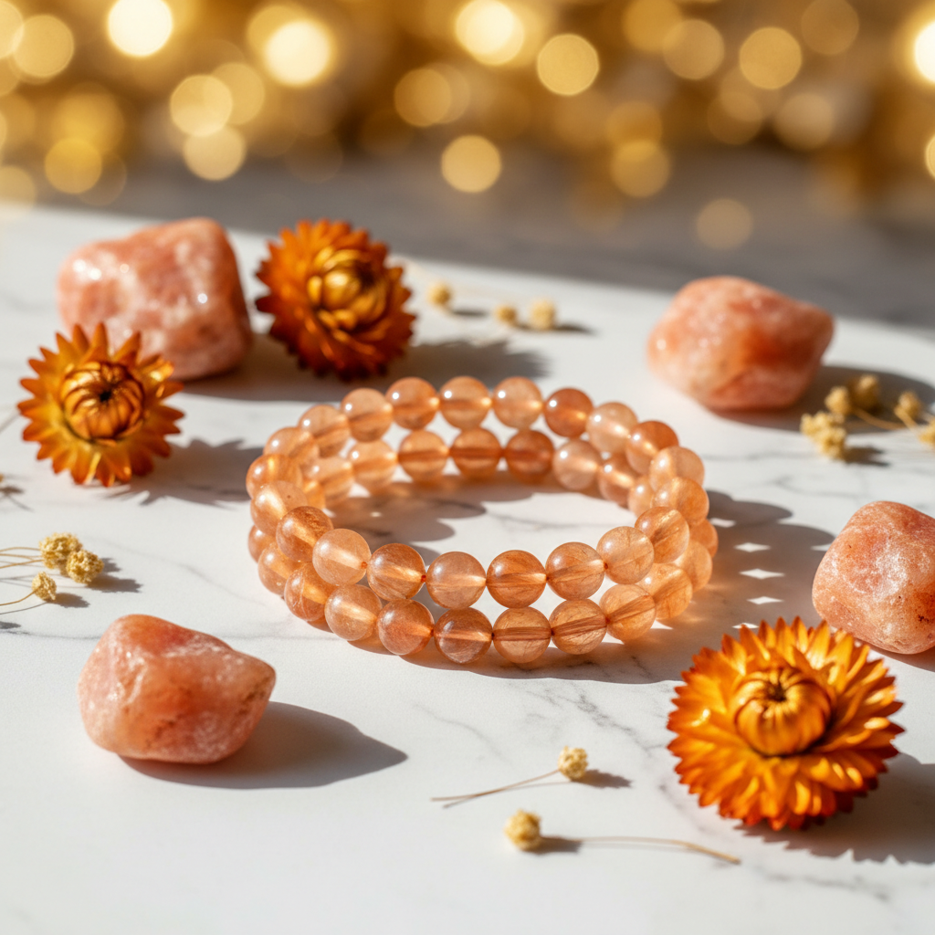 Natural Orange Aventurine Bracelet on white marble with orange stones and flowers