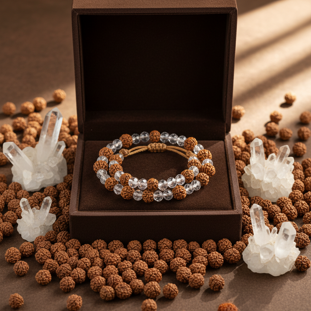 Rudraksha Crystal Bracelet in premium gift box with dark brown velvet