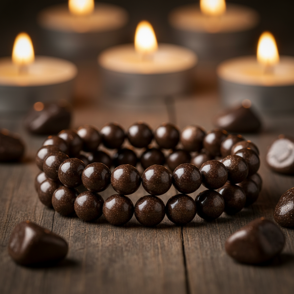 Natural Bronzite Bracelet on dark wood with bronzite stones and candlelight