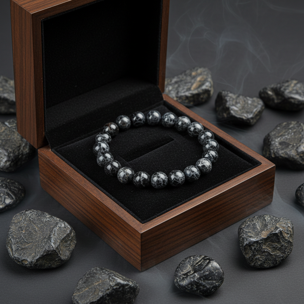 Natural Black Web Jasper Bracelet in premium gift box with black velvet