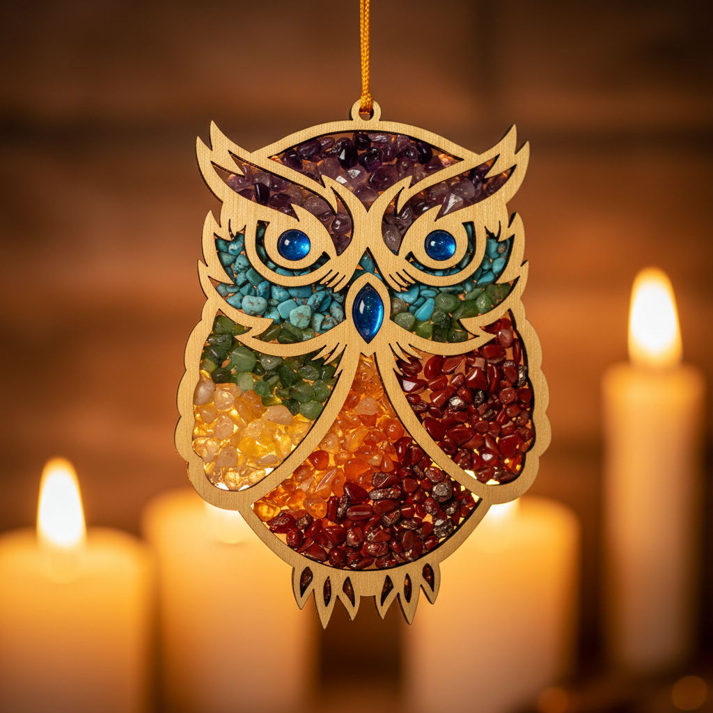 Close-up of crystal owl showing colorful healing crystal chip texture and blue eyes